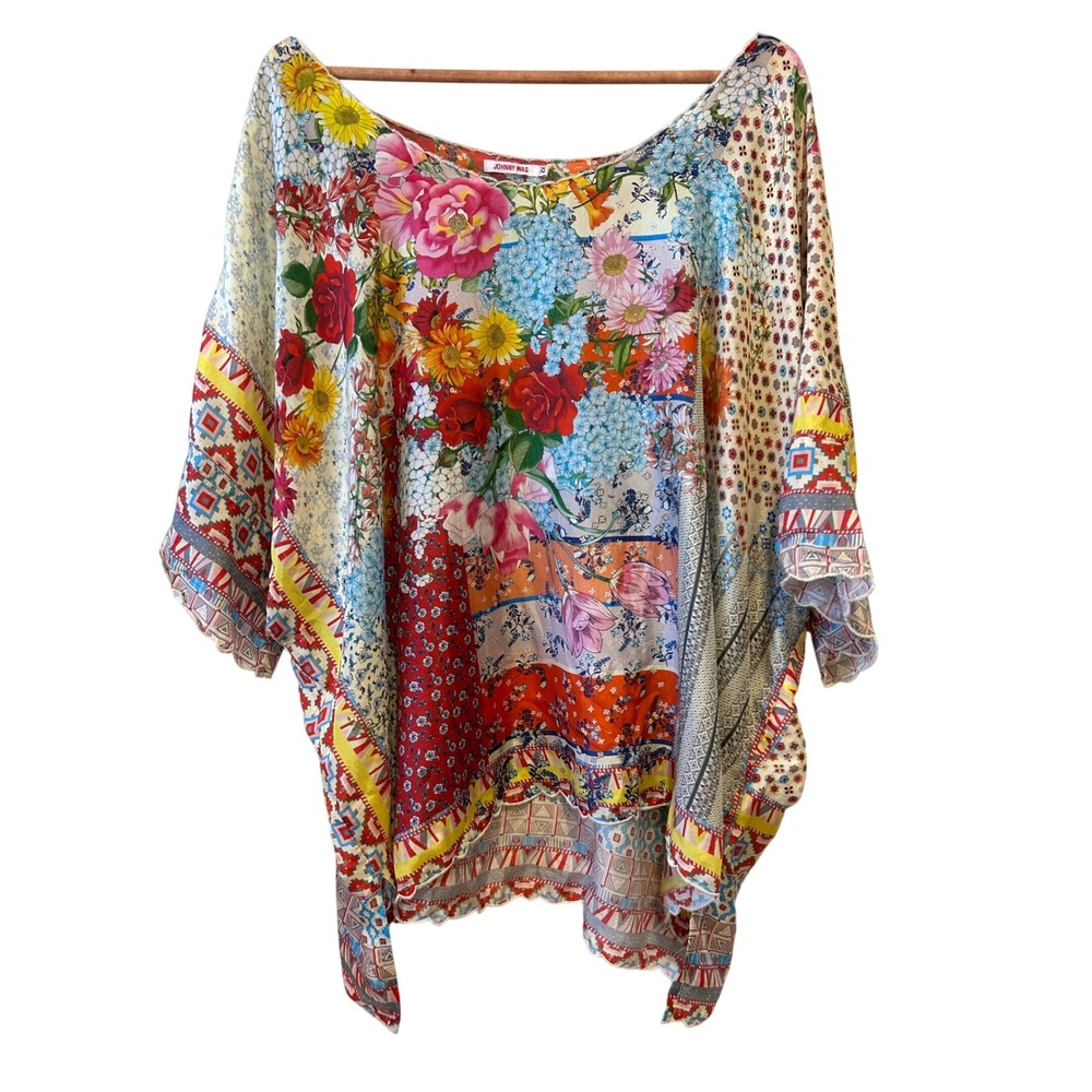 Johnny Was Poncho Top Sz 2X Multicolor Silk Floral Patchwork Boho Blouse Resort